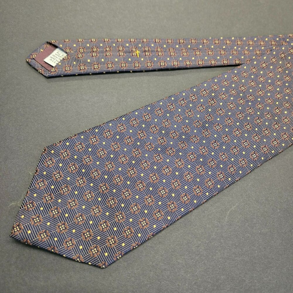 XMI for Nordstrom Handmade Silk Floral Pattern Tie Blue Copper & Gold USA Made
